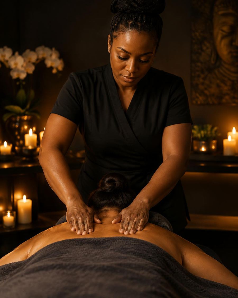 Massage relaxant des épaules sur table de soin
